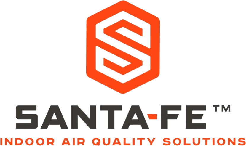 SANTA-FE logo with orange geometric S icon and gray/orange text, “Indoor Air Quality Solutions” tagline