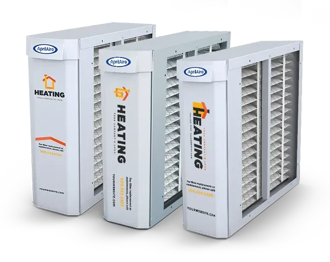Three white HVAC air filters with orange and gray labels, shown standing upright on a white background