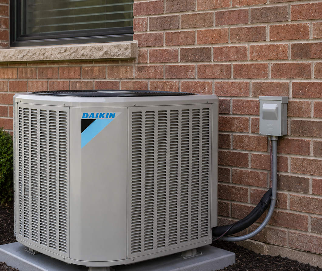 Outdoor air conditioner unit beside a brick wall with electrical conduit and window above