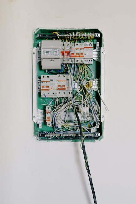 Open electrical panel with circuit breakers and tangled wires on a wall