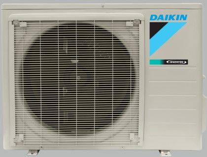 White Daikin outdoor air conditioner unit with large front fan grille and blue logo panel