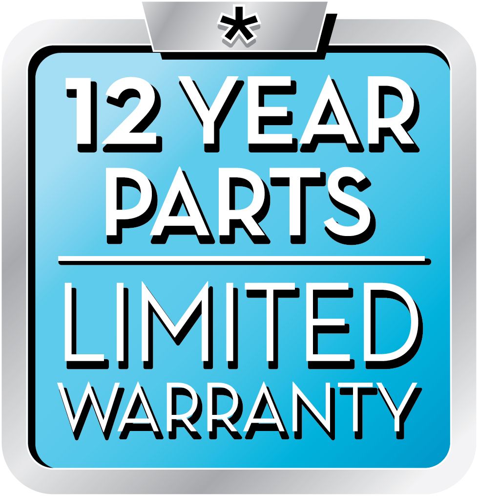 Blue warranty badge reading “12 YEAR PARTS LIMITED WARRANTY” with a star at top