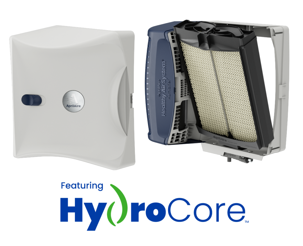 HydroCore product image showing white wall unit and cutaway view of internal filter system