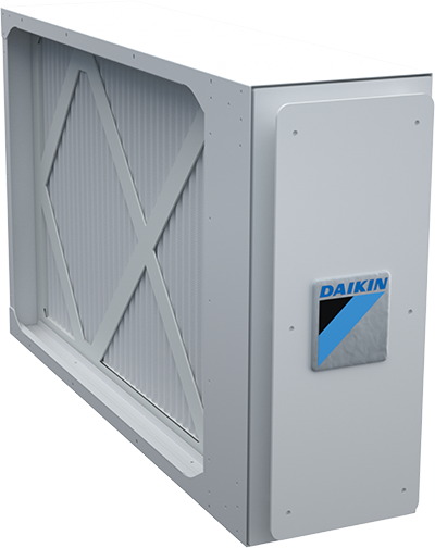 Gray Daikin HVAC air handler unit with blue logo on a white background