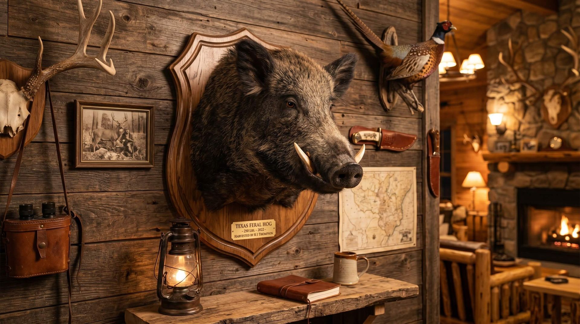 A euro mounted boars head hanging on a cabin wall