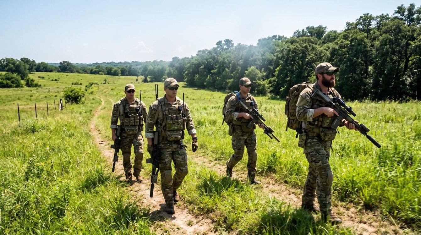 Riflemen walking through the fields in the Summer