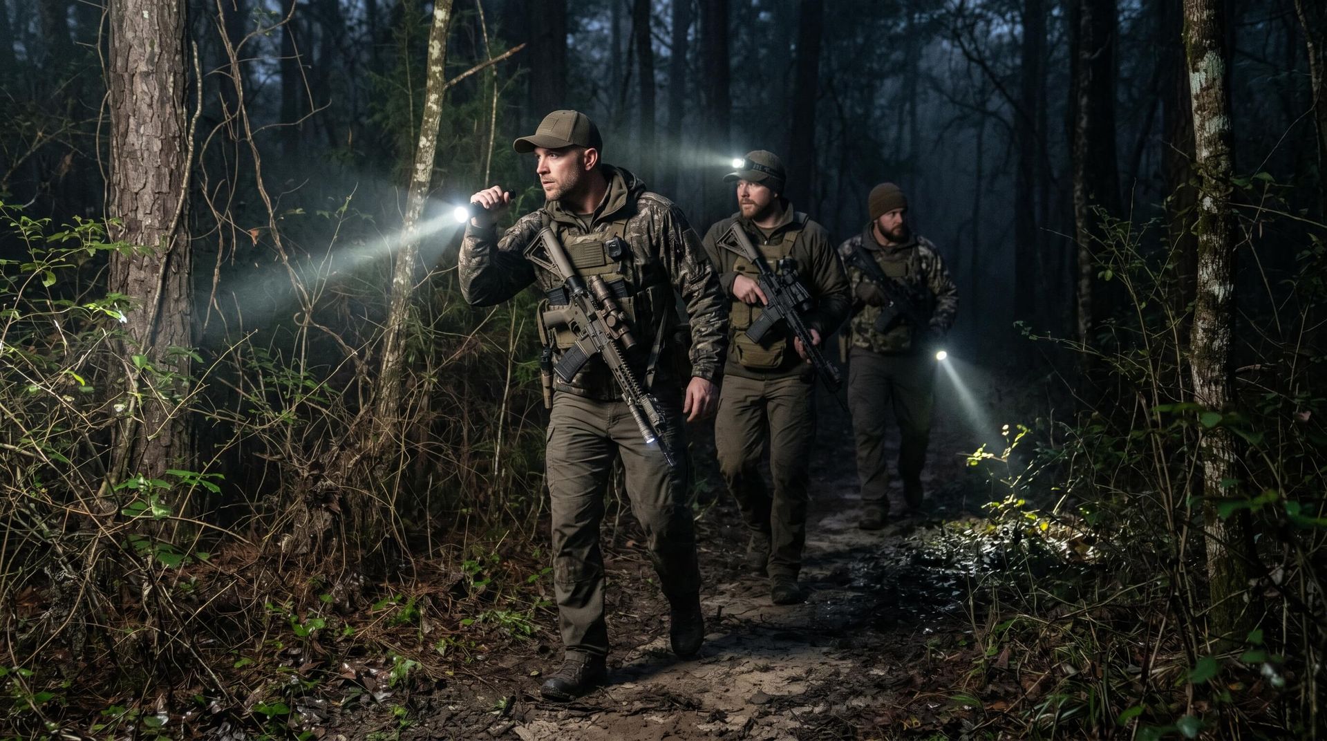 A few riflemen making their way through the forest at night