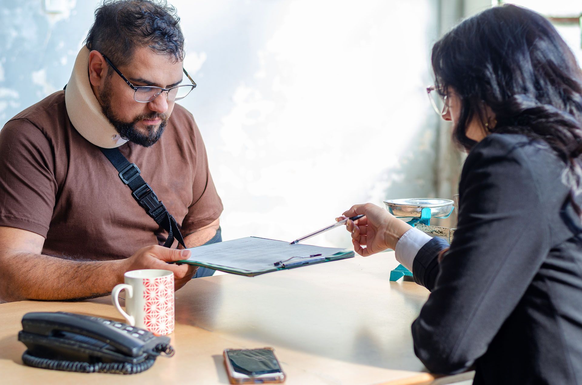 A lawyer is explaining a document to an injured man.