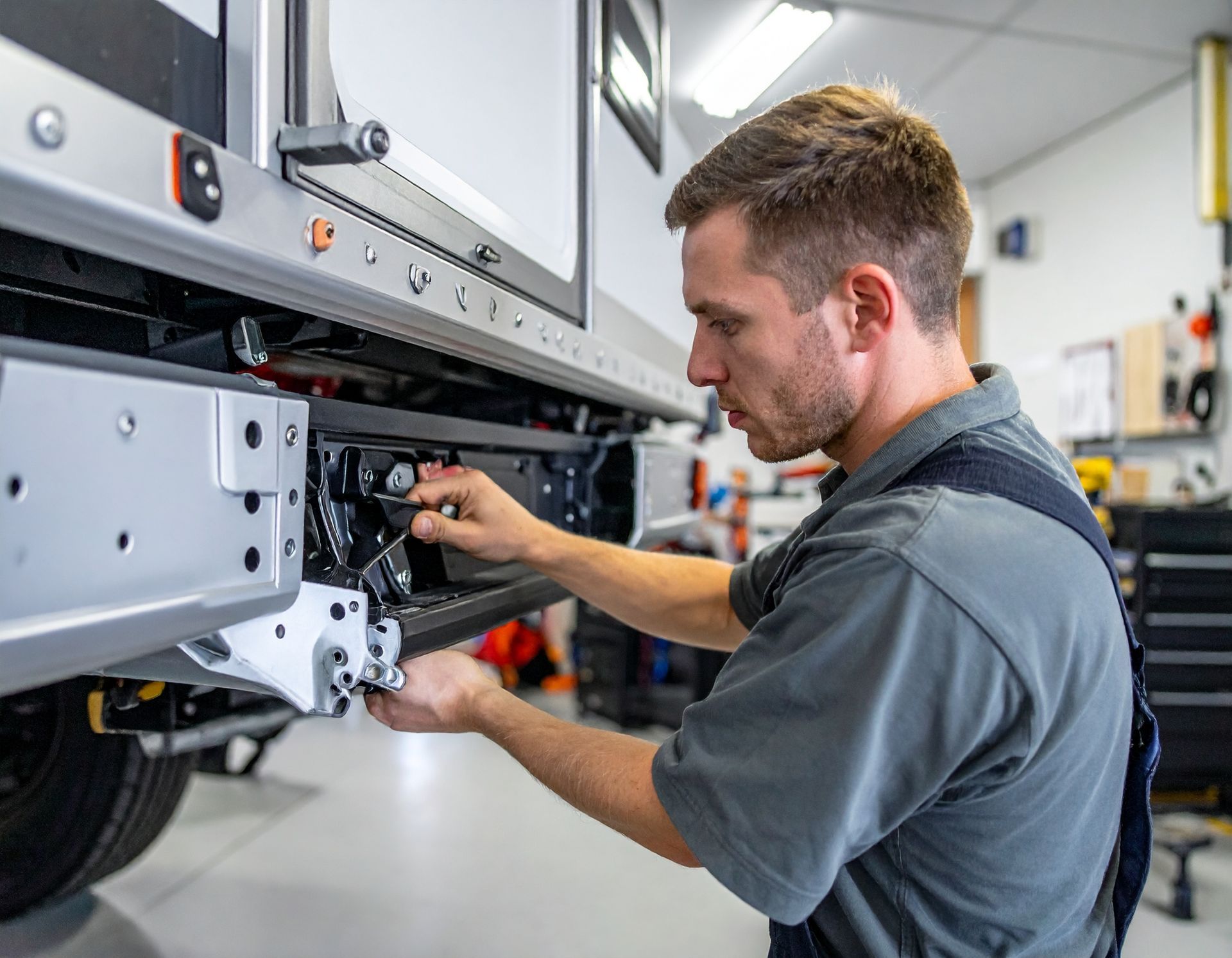 Mechanic inspecting a vehicle’s undercarriage in a clean auto shop with a wrench.
