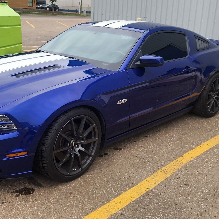 Blue Ford Mustang with white stripes, tinted windows, and dark gray rims parked outside.