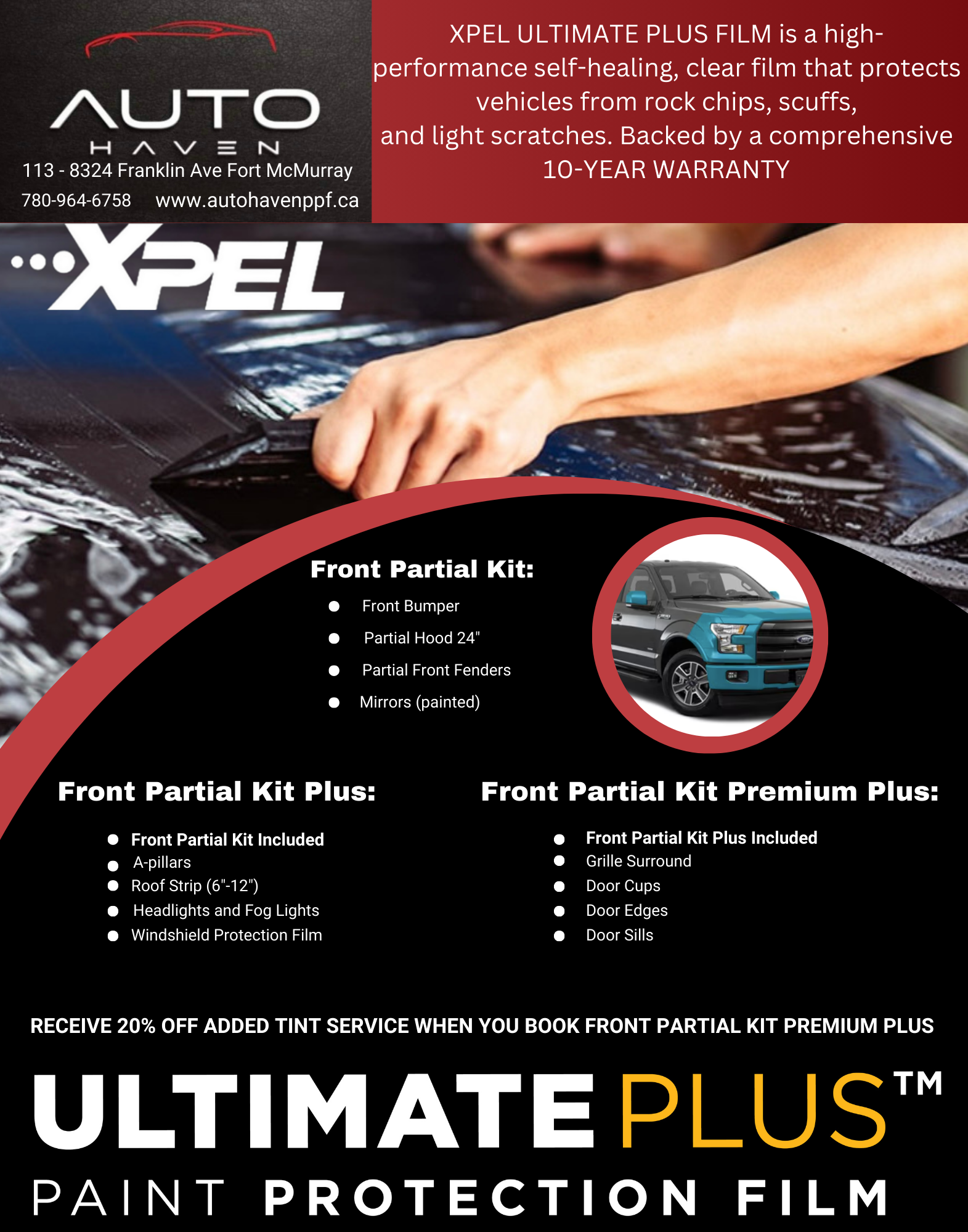 An advertisement for Auto Haven’s XPEL paint protection film service, showcasing film application and service packages.