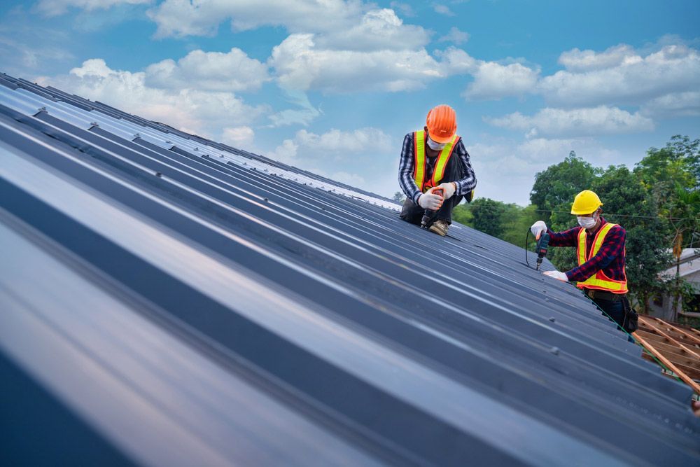 Two Roofer Worker Installing On New Roof Metal — Enduro Shield Roofing Solutions in Elanora, QLD