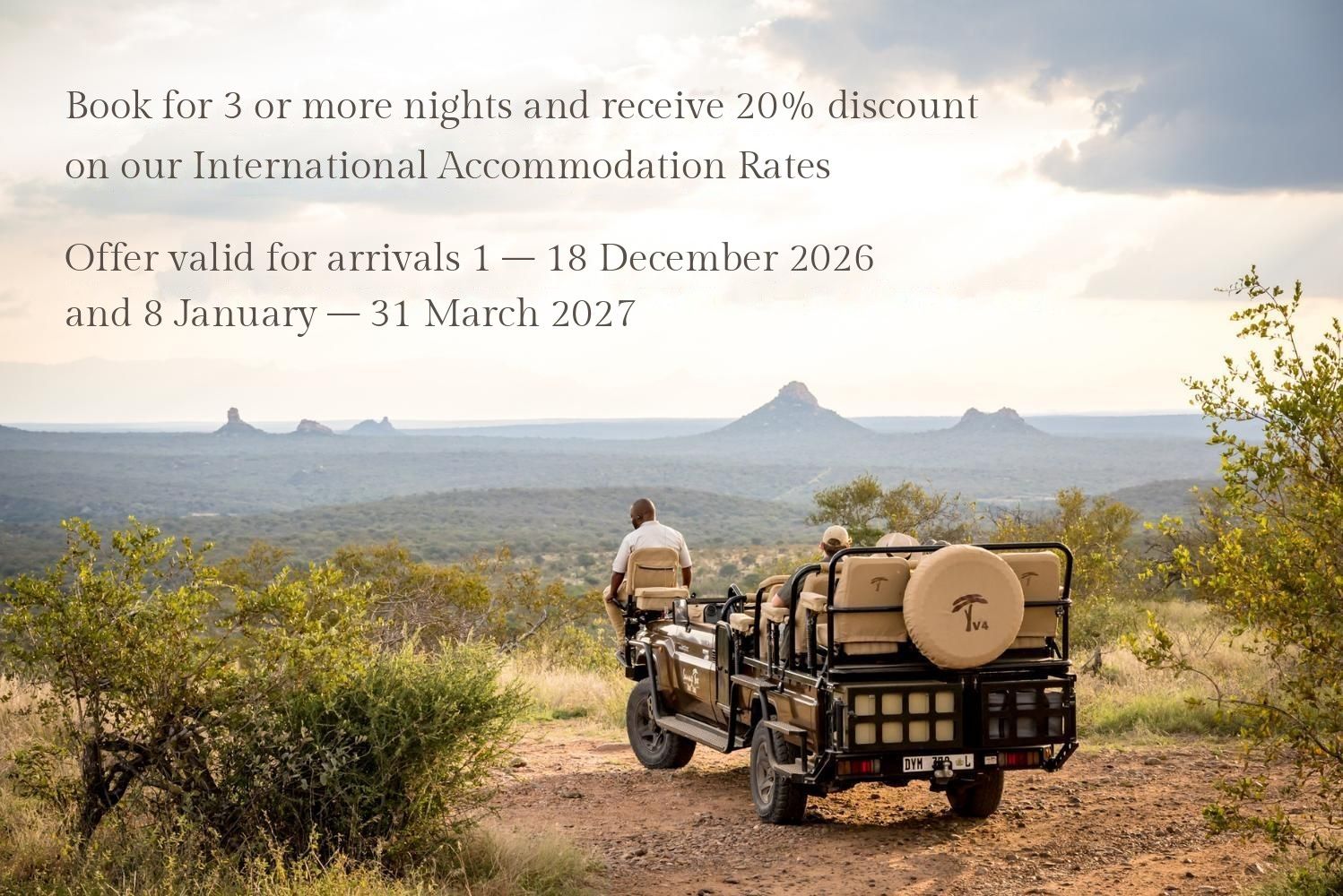 Sausage Tree Safari Camp game drive vehicle overlooking the Balule bushveld - 20% off international rates for 3+ nights, arrivals 1-18 December 2026 and 8 January-31 March 2027