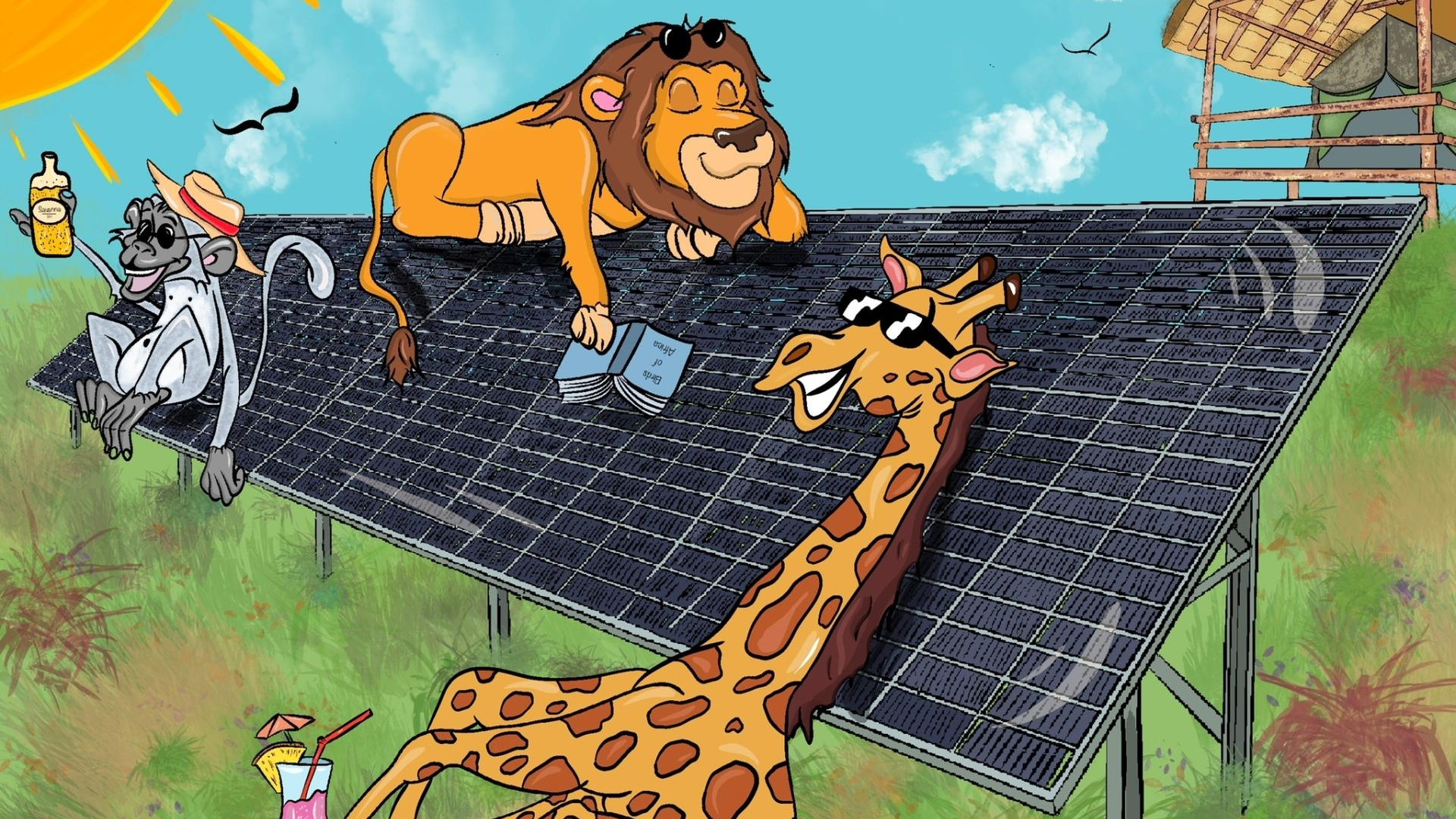 a cartoon of a giraffe a monkey and a lion on a solar panel