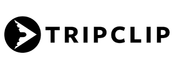 a black and white logo for tripclip with an arrow pointing to the right .