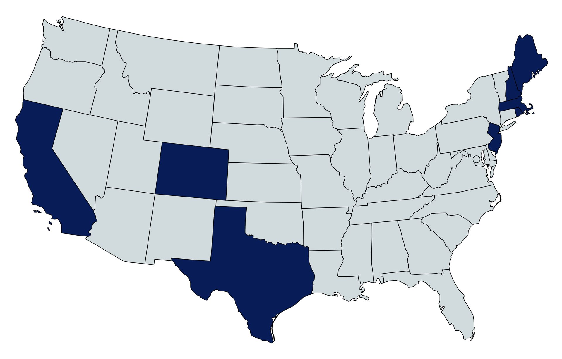 Map of the United States with dark blue states: California, Colorado, Texas, New Jersey, and Massachusetts.