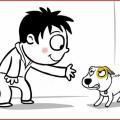 cartoon man reaching hand out to angry looking cartoon dog