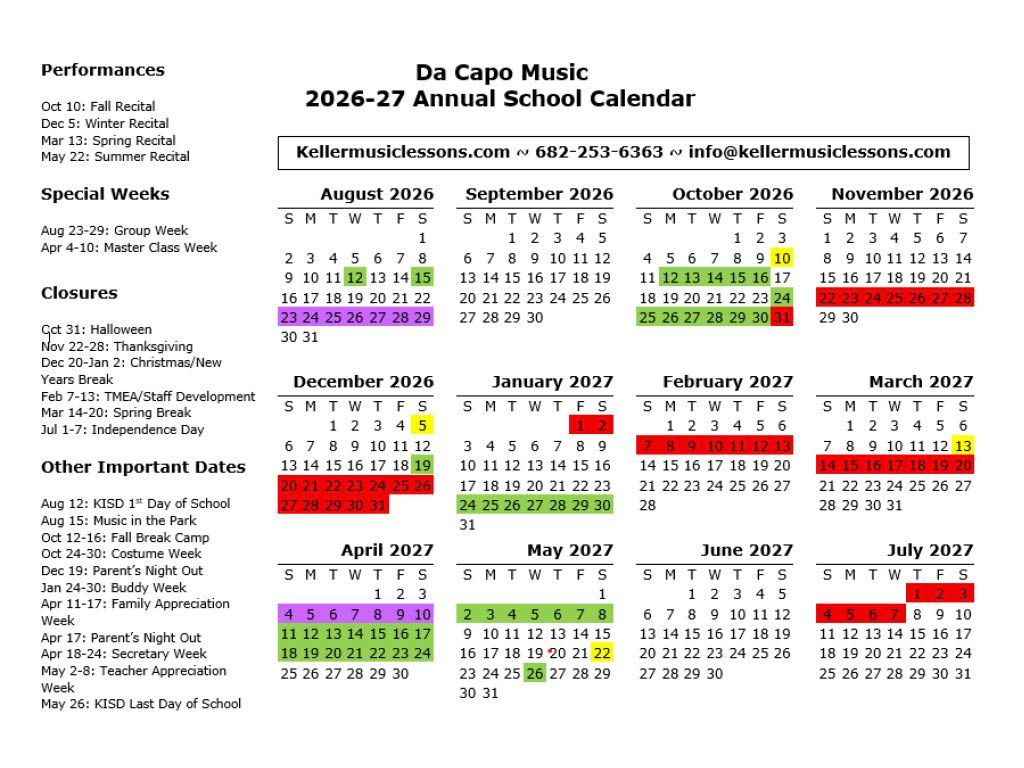 2025 - 2026 Da Capo Music School year Calendar