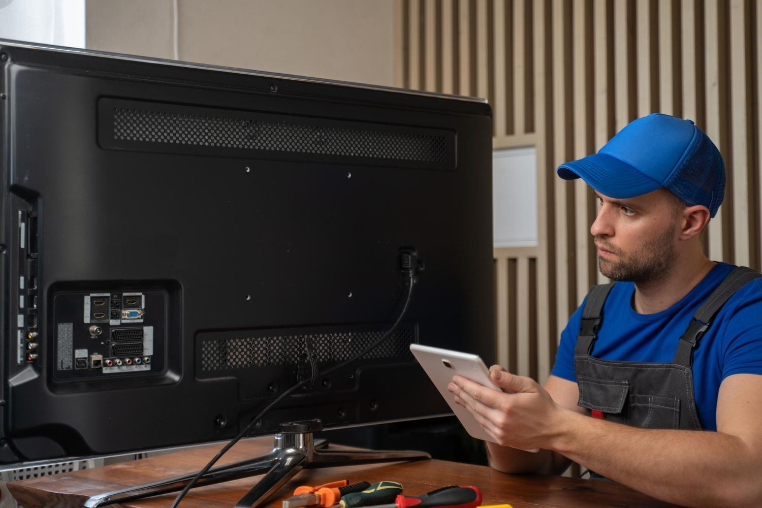 Technician in blue cap and overalls using a tablet beside a large TV on a workbench