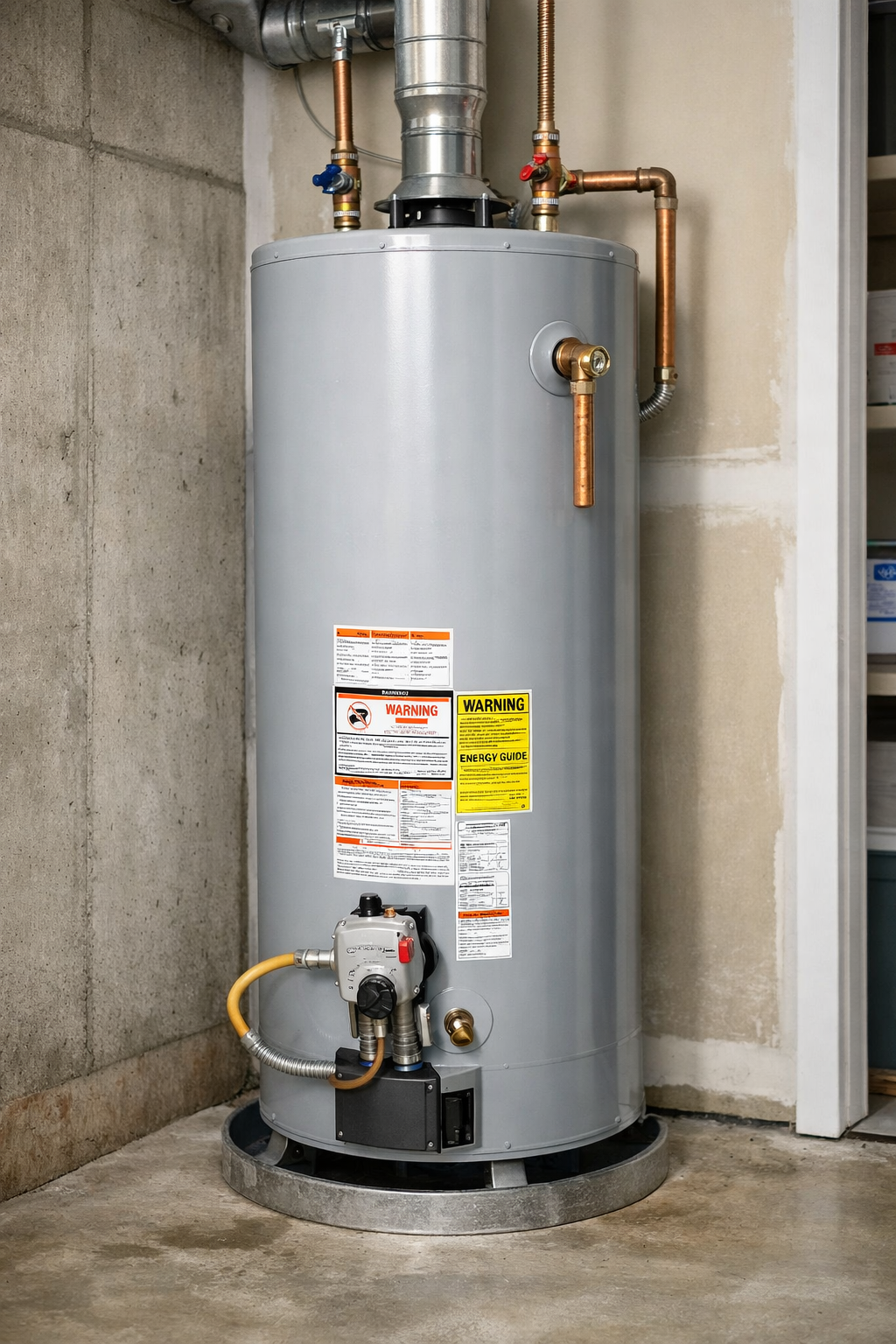 Gray water heater with pipes and labels in a utility room corner