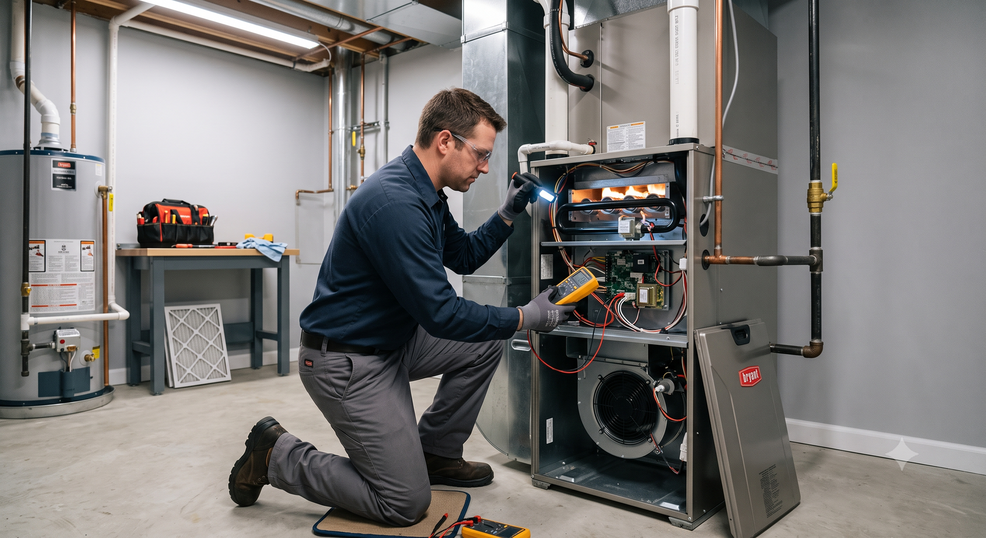Technician kneels beside an open HVAC unit, inspecting wiring in a utility room