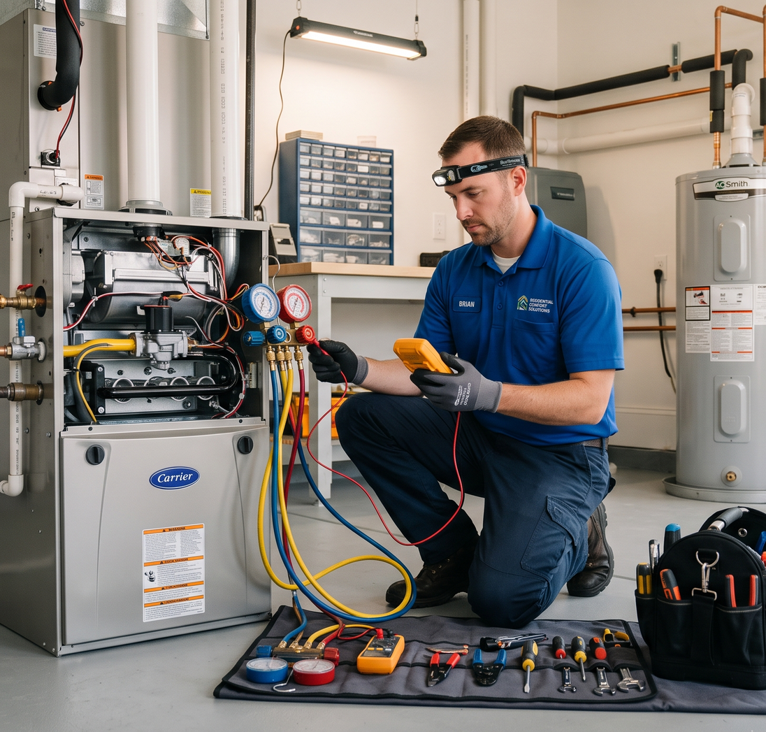 Technician kneels beside an open furnace, using tools and gauges to inspect HVAC equipment in a utility room.