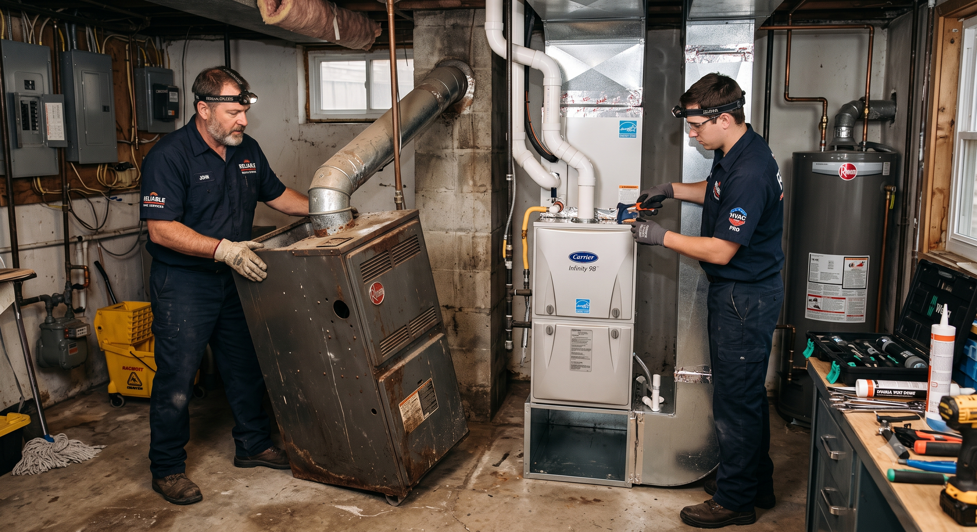 Two technicians inspect HVAC equipment in a basement, one lifting a heavy furnace unit.