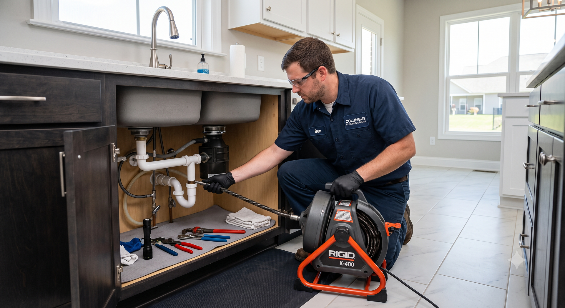 Plumber inspecting pipes under a kitchen sink with tools and a drain auger on the floor