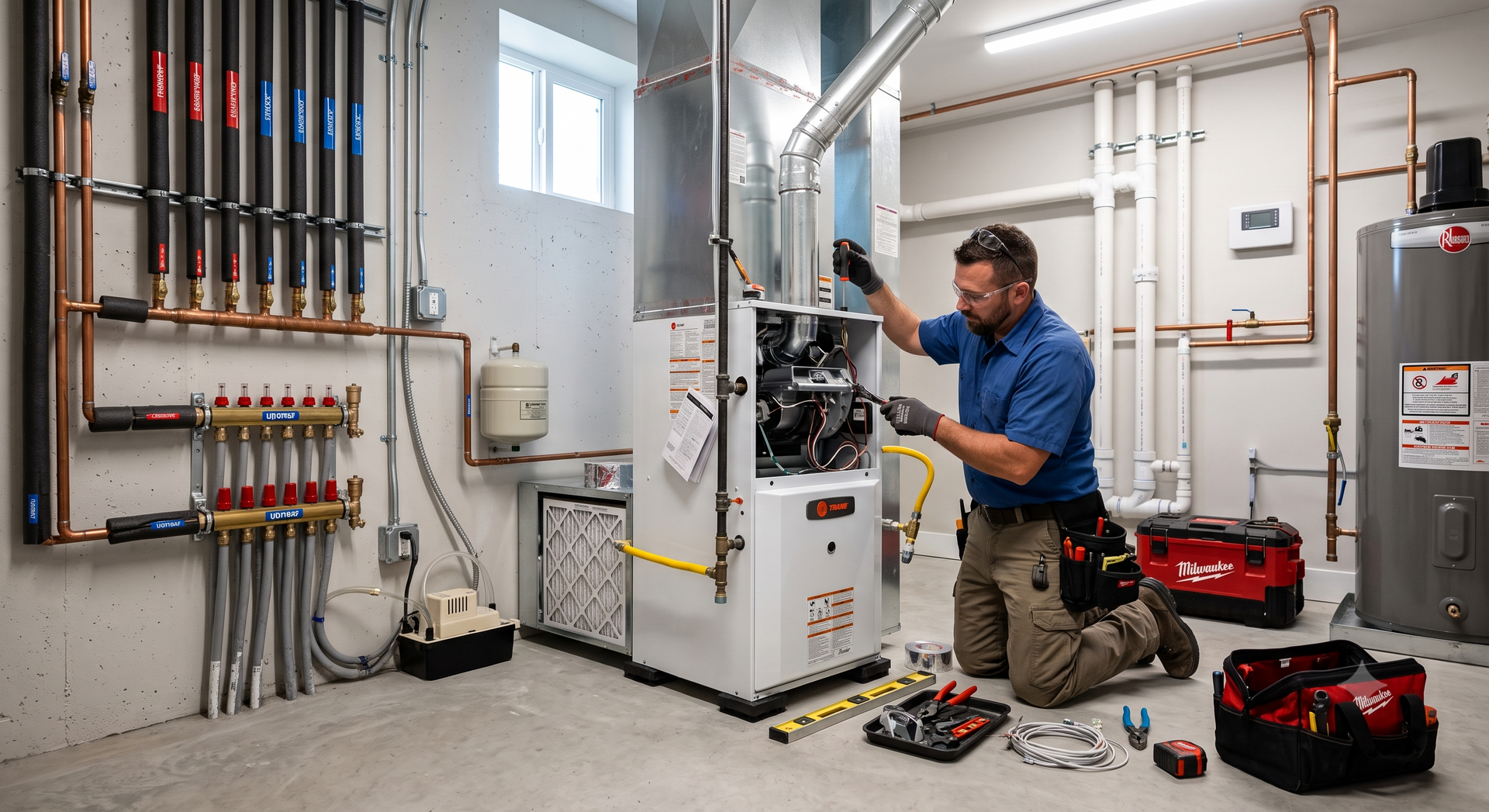 Technician kneeling in a utility room, inspecting HVAC equipment with tools scattered on the floor.