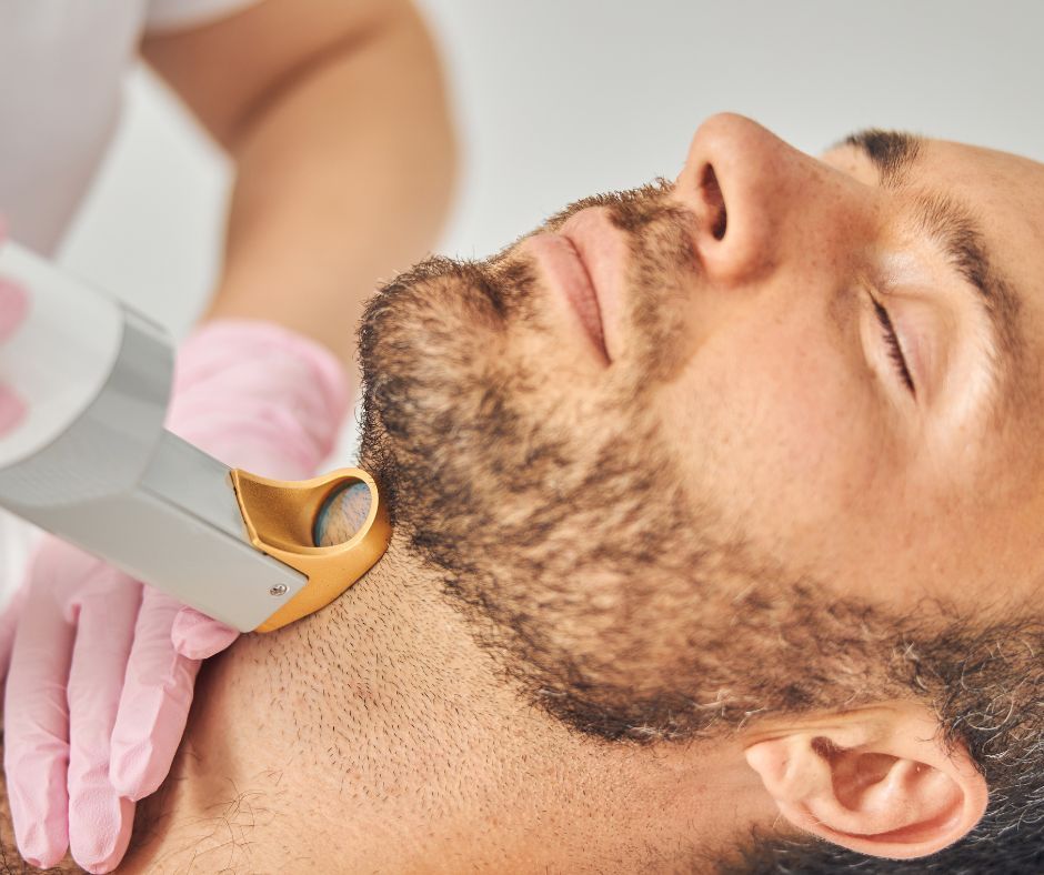 Man undergoing laser hair removal on his neck. Practitioner wears pink gloves, the device is held to his skin. - — Hope Laser and Beauty Clinic In Tuncurry, NSW