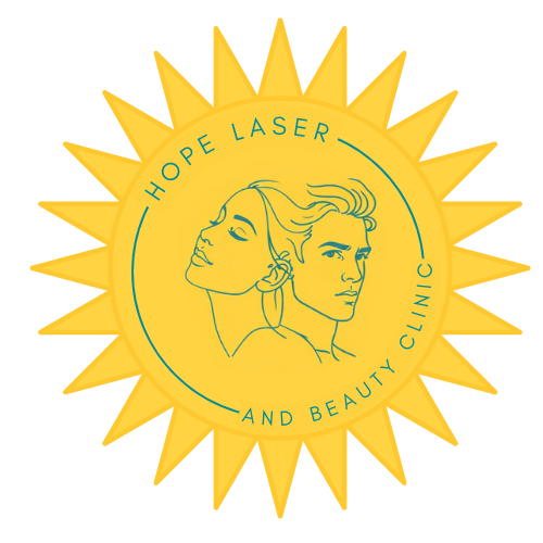 Yellow sunburst logo with line-art faces and the words “Hope Laser and Beauty Clinic” around the center