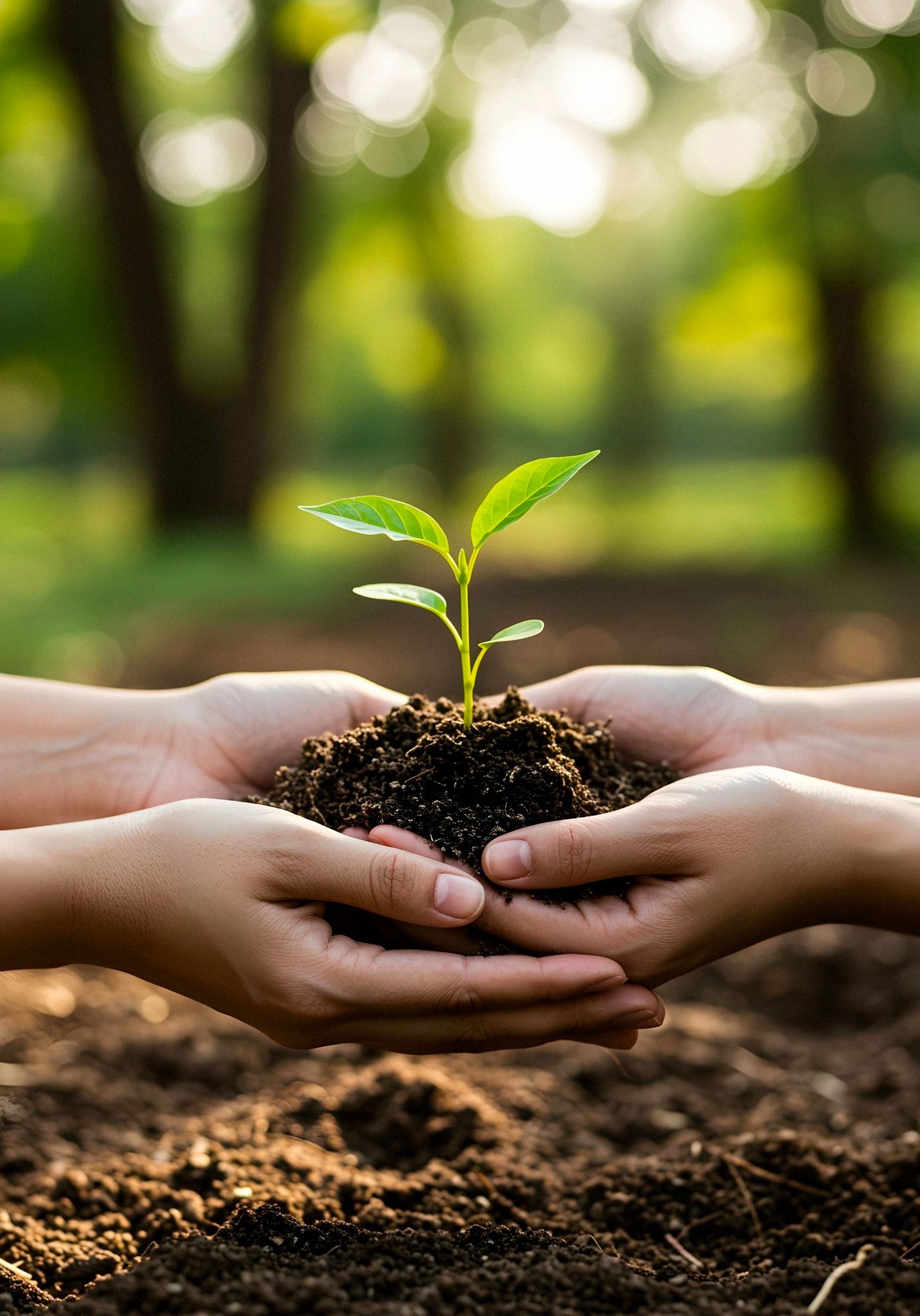 Two cupped hands hold a small green seedling with dark soil, against a blurred, sunlit natural forest background.