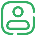 Green outlined user profile icon with rounded square border and circular head-and-shoulders symbol