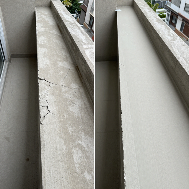 Cracked concrete balcony ledge before and after repair, with repaired section on the right.