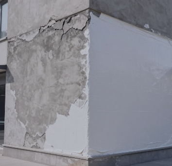 Damaged concrete building corner with peeling, cracked plaster and a white wall section