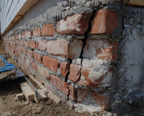 Broken brickwork on a house foundation