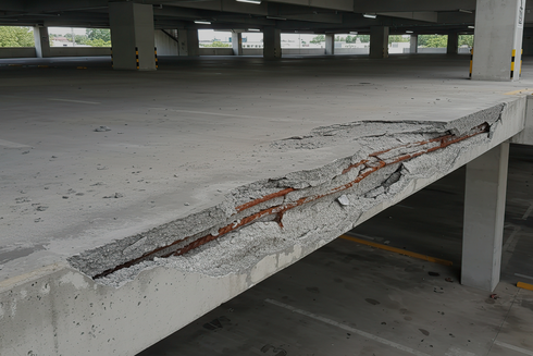 Concrete spalling, cracked concrete image in car park