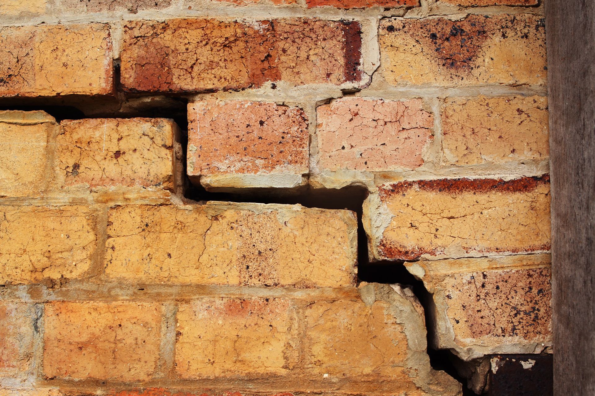 Cracked brick wall with a jagged diagonal fracture across weathered orange bricks