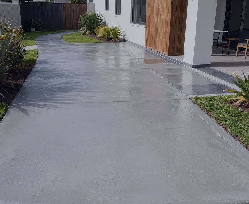Freshly sealed concrete walkway beside a modern house with landscaping and patio area