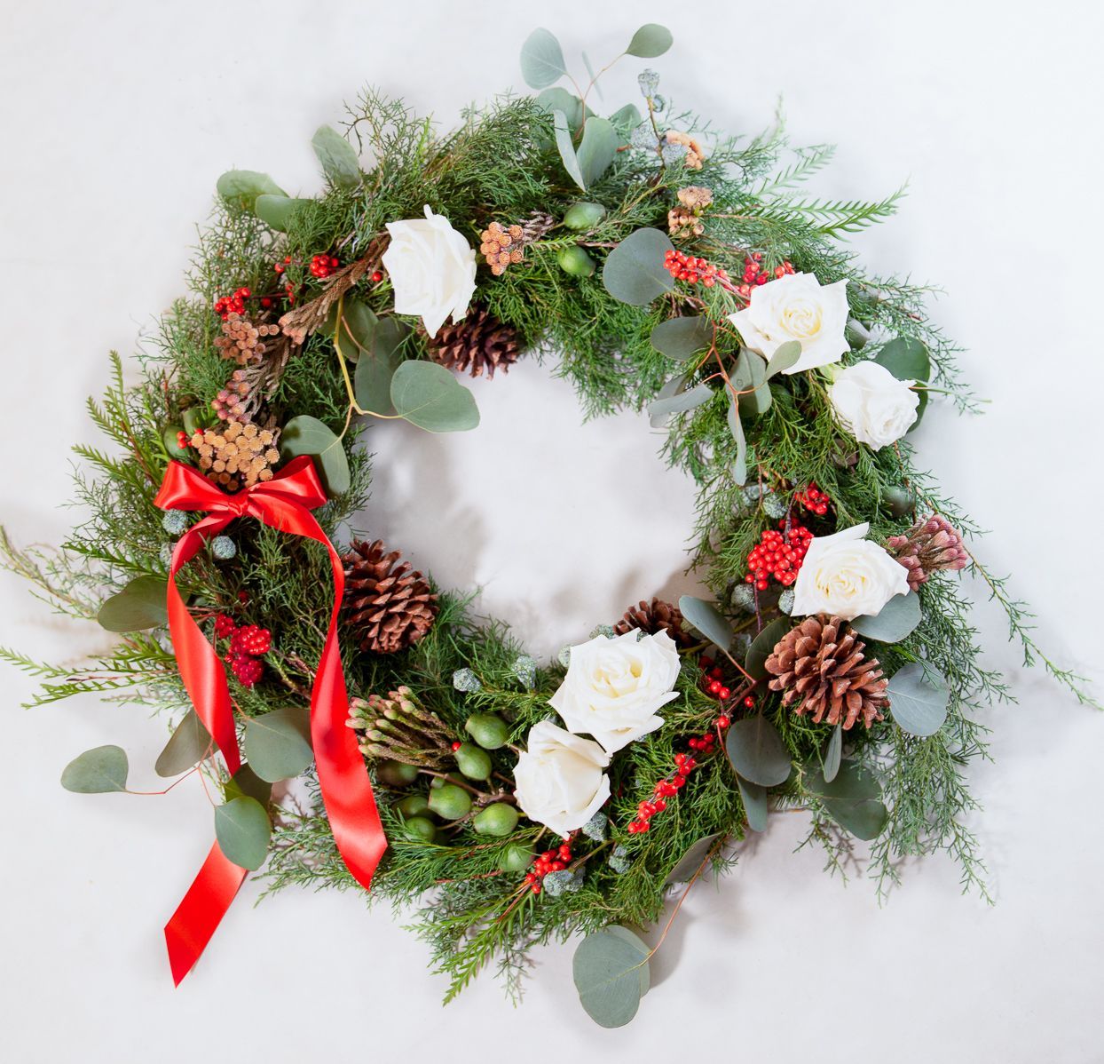 Berries, Rose,Cypress, Pine Cones Wreath.  Christmas Wreath.  Flora and Flare. 