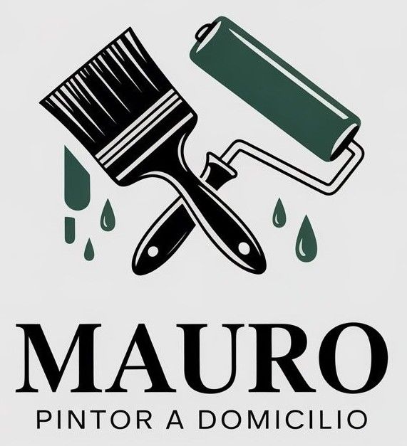 Logotipo de Mauro Painter: pincel y rodillo con gotas de pintura verde sobre un fondo claro.