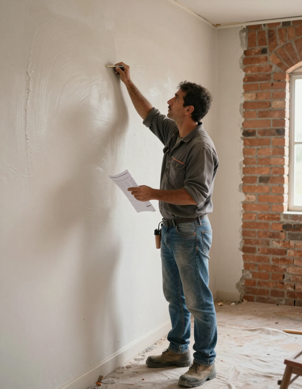 Una persona pinta una pared blanca en una habitación sin terminar, sosteniendo un papel y extendiendo la mano con un pincel.