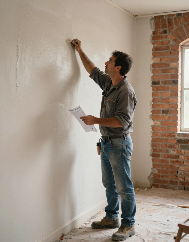 Una persona pinta una pared blanca en una habitación sin terminar, sosteniendo un papel y extendiendo la mano con un pincel.