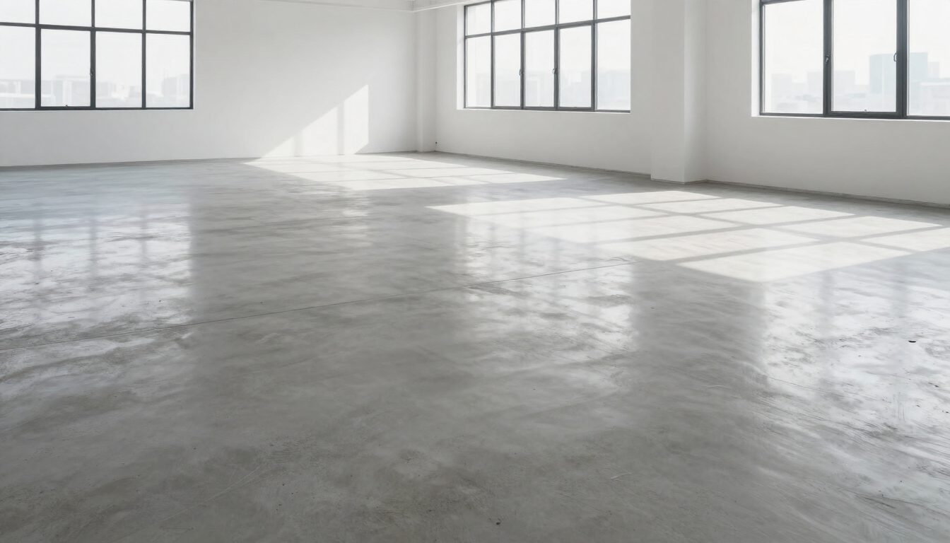 Habitación vacía y soleada con suelo de hormigón pulido y grandes ventanales.