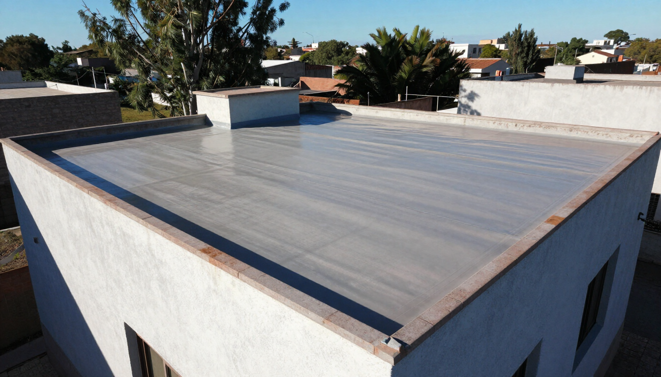 Azotea plana con membrana gris claro y muros de parapeto blancos en una zona residencial soleada.