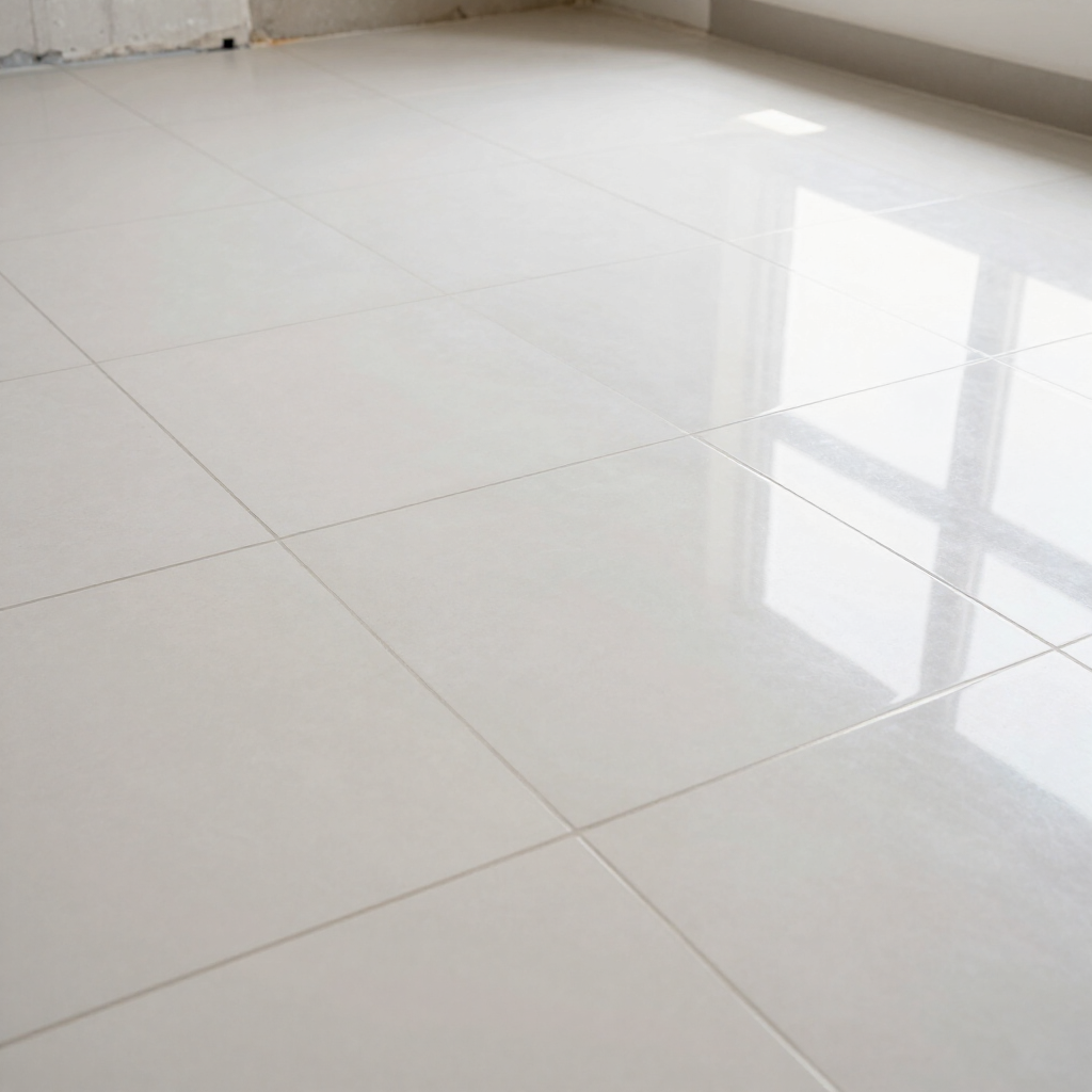 Habitación vacía con suelo de baldosas blancas brillantes y reflejo de la luz de la ventana.