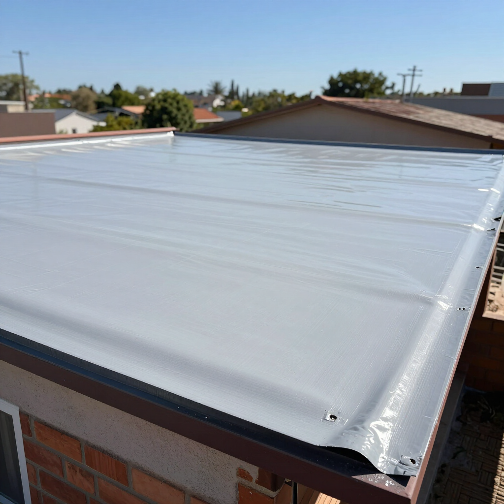Lona blanca o cubierta de techo extendida sobre un tejado, con casas suburbanas al fondo.