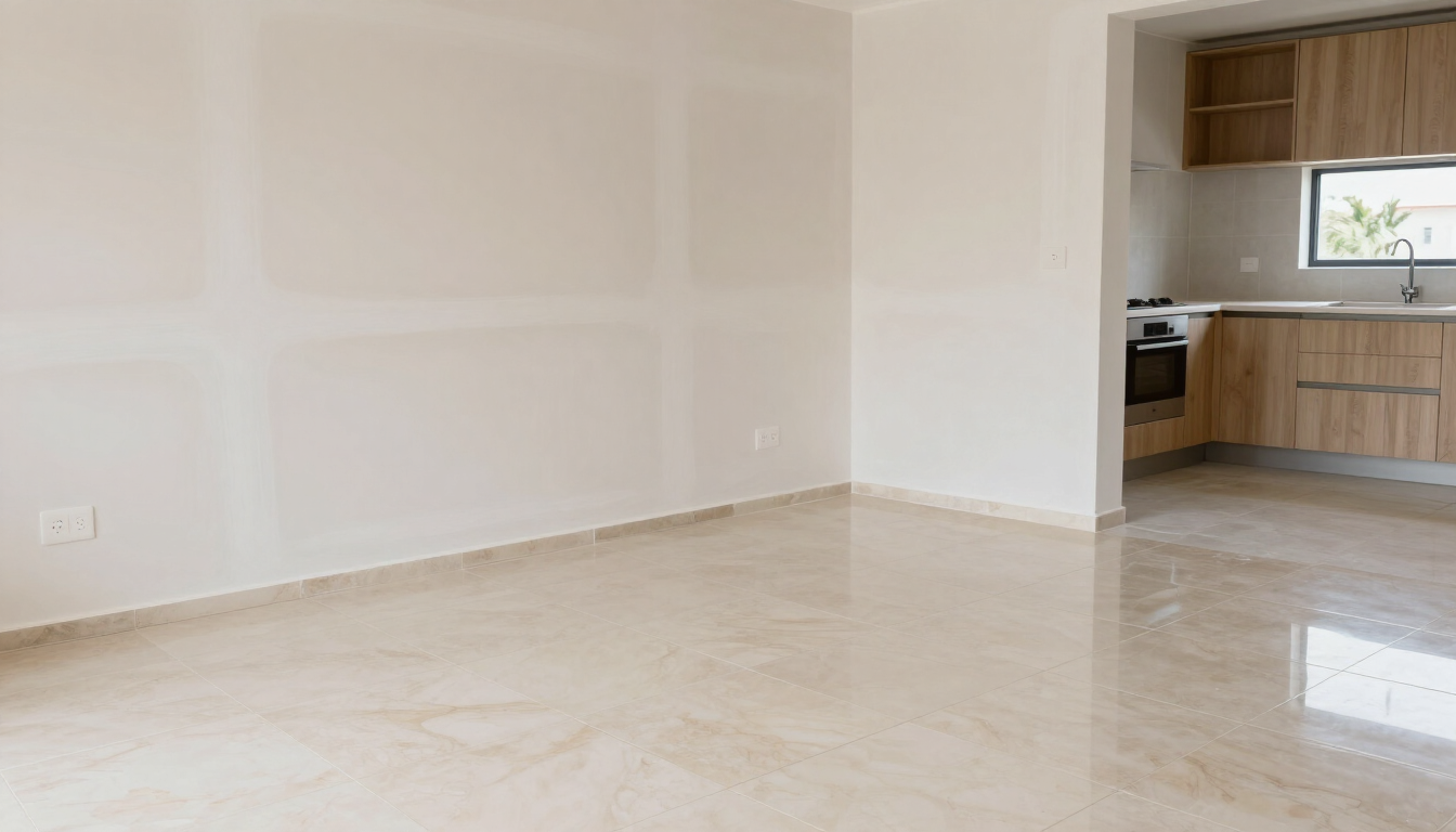 Habitación vacía sin amueblar con suelo de baldosas y vistas abiertas a una pequeña zona de cocina.