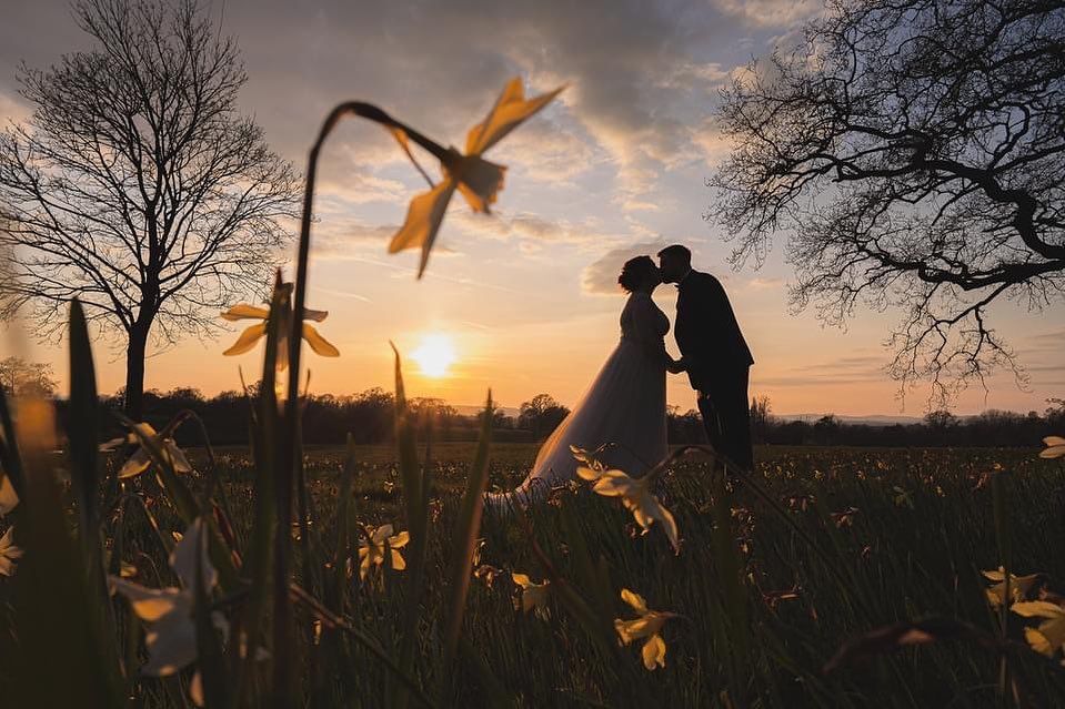 a bride and groom are kissing in a field of flowers at sunset .
