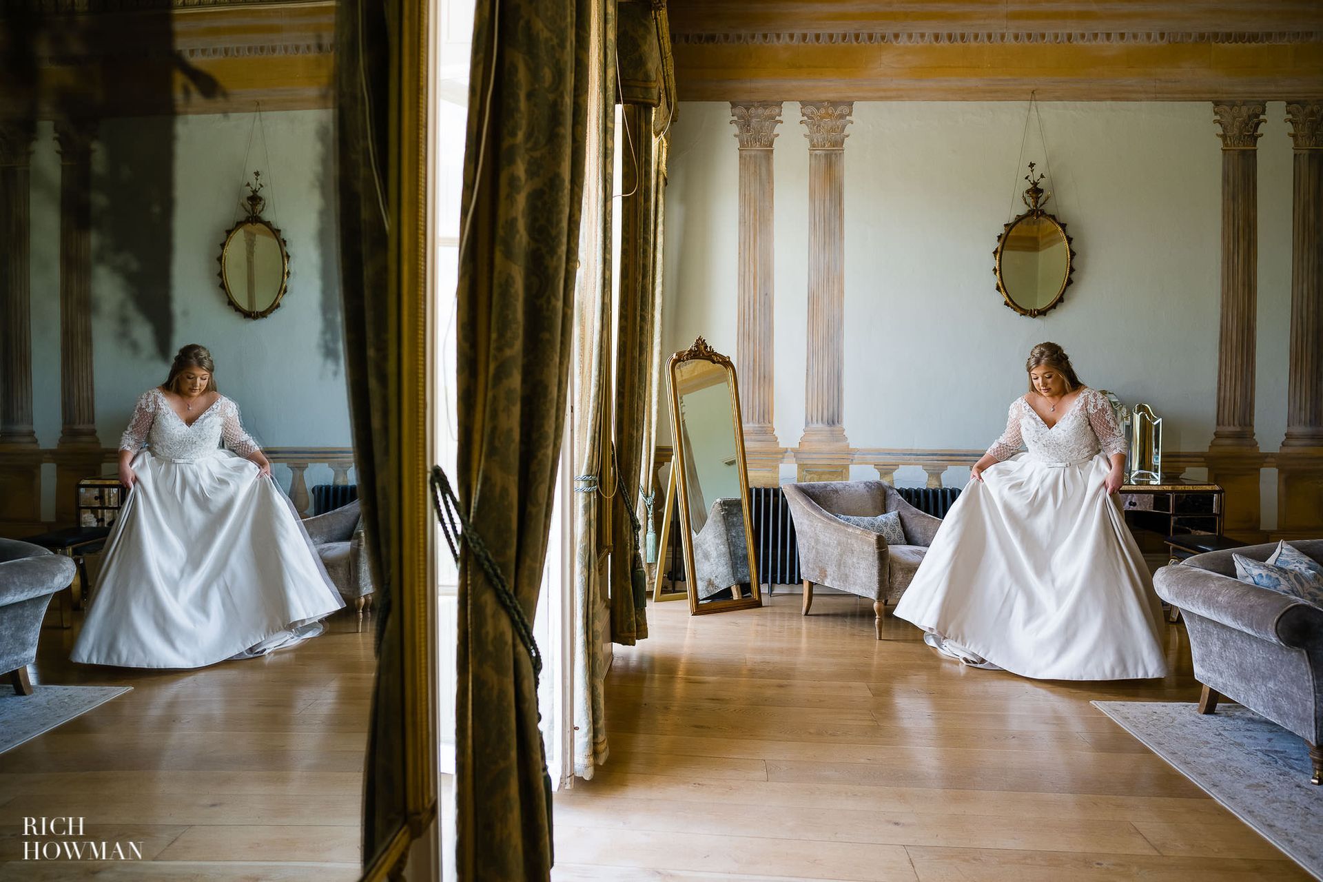 a woman in a wedding dress is standing in front of a mirror in a room .